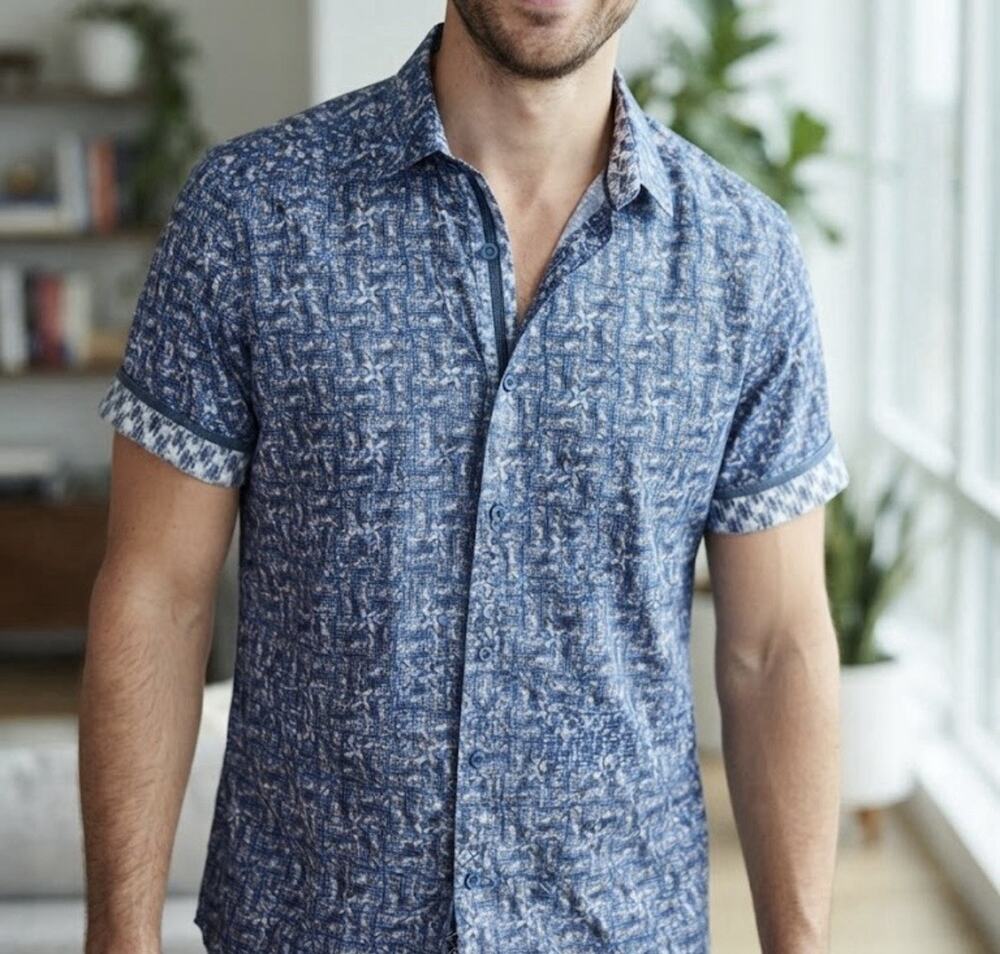 Robert Graham Men's L Classic Fit Short Sleeve Geometric Button-Up Blue/White
